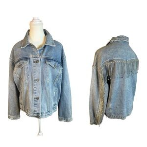 VEVERET Rhinestone Embellished Fringe Distressed Denim Jacket NWOT